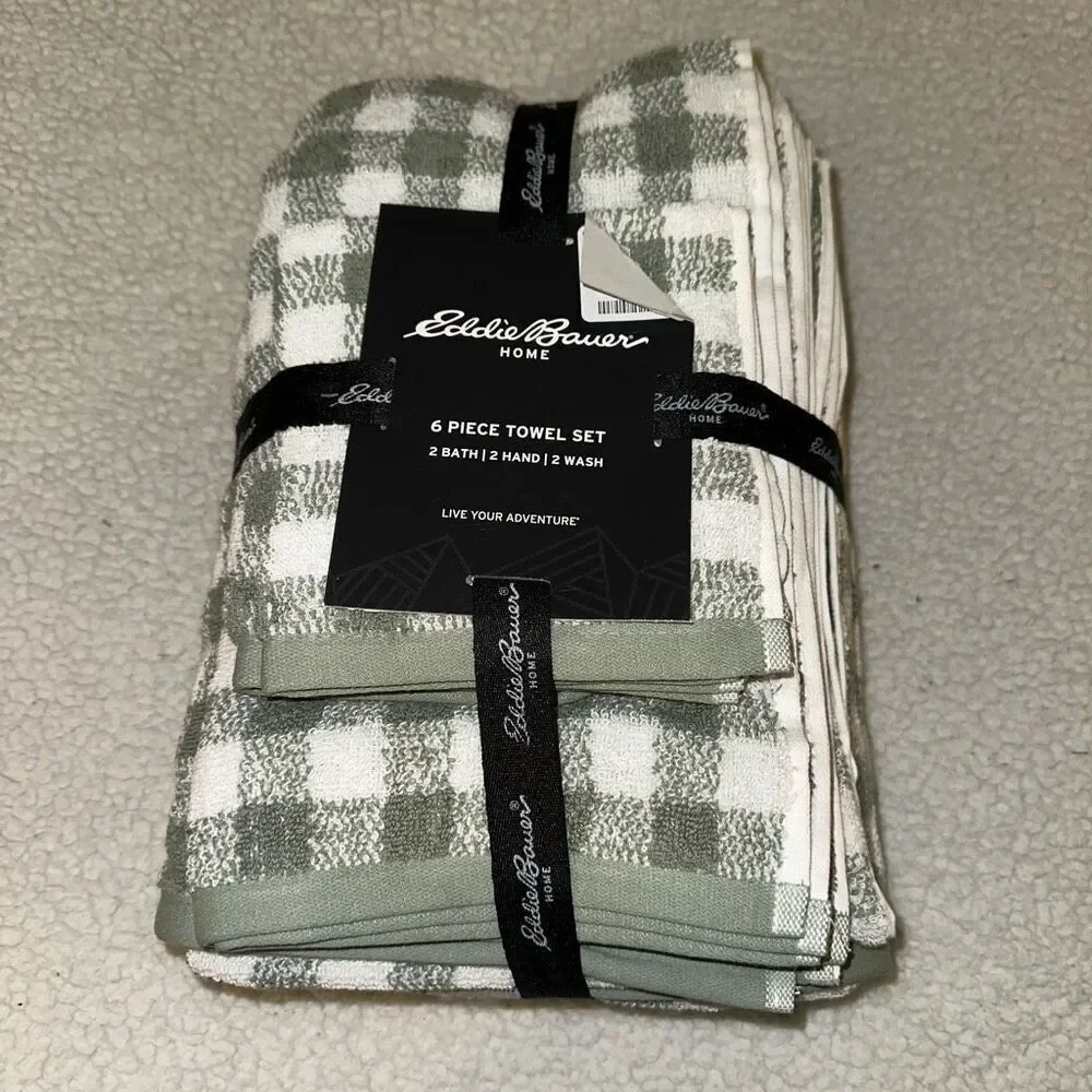 Eddie Bauer Bath Towel Set Preston Check Olive Green White Plaid NWT